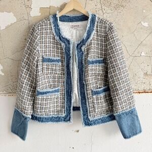Nanette Lepore Blazer Tweed Denim Trim Jacket Frayed Chanel Inspired Womens L